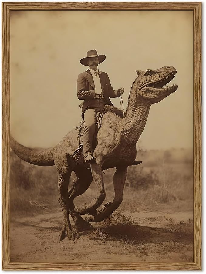 Vintage Dinosaur Cowboy Wall Art Funny Western Jurassic Park Wall Decor Painting, Retro Cowboy Riding Dinosaur Poster Canvas Print Picture for Living Room Bedroom 16x24 inch Wood Framed