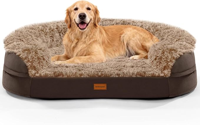iweepet Fluffy Orthopedic Dog Beds for Large & Extra Large Dogs, 44" Dog Sofa Bed with Supportive 28D Egg-Crate Foam, Removable Washable Cover, Waterproof Lining, for Puppy,Senior,Sick,Brown