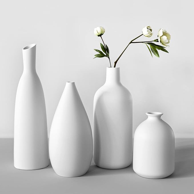 White Ceramic Vase Set of 4,Modern Farmhouse Decorative Vases for Entryway Mantel Centerpiece Bookshelf Console Table