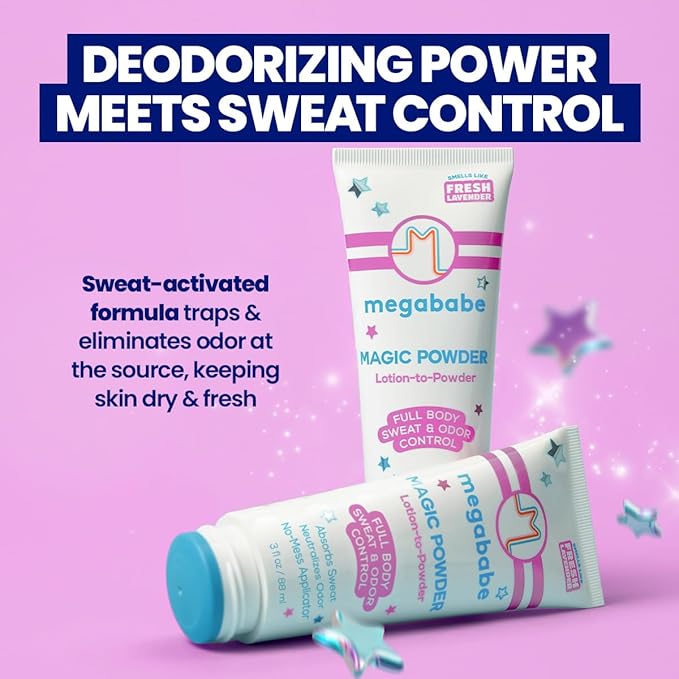 Megababe Sweat & Odor Absorbing Lotion - Magic Powder Stay-Dry Lotion to Powder | Spring Break Must-Have | Aluminum-Free, Talc-Free | 3 fl oz