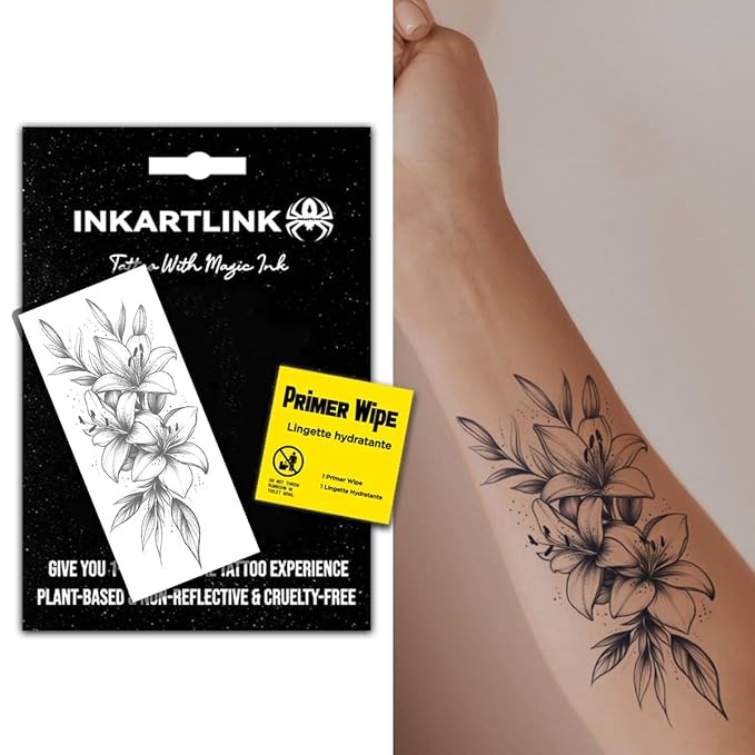 INKARTLINK Semi Permanent Tattoo, Large Female Flower Tattoo, Beautiful and Realistic Design, Fun Tattoo Experience, Cruelty-free, Non-reflective, Waterproof (Lily)