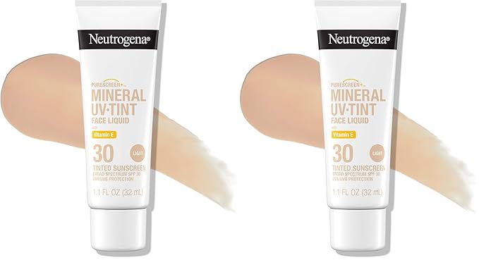 Neutrogena Purescreen+ Mineral UV Tint Face Liquid Tinted Sunscreen - with 100% Mineral Actives & Vitamin E,Enhances Natural Tone,Water Resistant,Broad Spectrum SPF 30,1.1 fl oz,(Pack of 2)