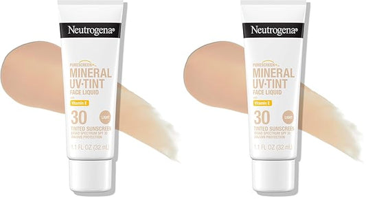 Neutrogena Purescreen+ Mineral UV Tint Face Liquid Tinted Sunscreen - with 100% Mineral Actives & Vitamin E,Enhances Natural Tone,Water Resistant,Broad Spectrum SPF 30,1.1 fl oz,(Pack of 2)