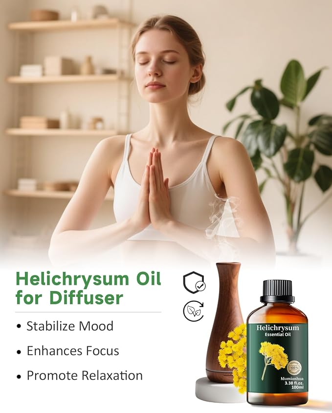 Helichrysum Essential Oil, Herbal Aroma, Diffuser & Massage, 3.38 Fl Oz | Warm Honey-Herbaceous Scent. Ideal for Skin & Scalp, Soothing Massage, Candle Making & Diffusion. Comforting Daily Ritual