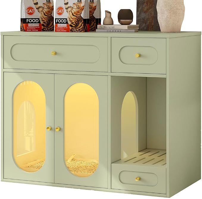 Hidden Cat Litter Box Enclosure Furniture with LED Light, Modern Litter Box Cabinet with Drawers & Acrylic Door, Multi-Entry Cat House Sideboard for Living Room, 37.4"W x 15.6"D x 31.5"H,Green