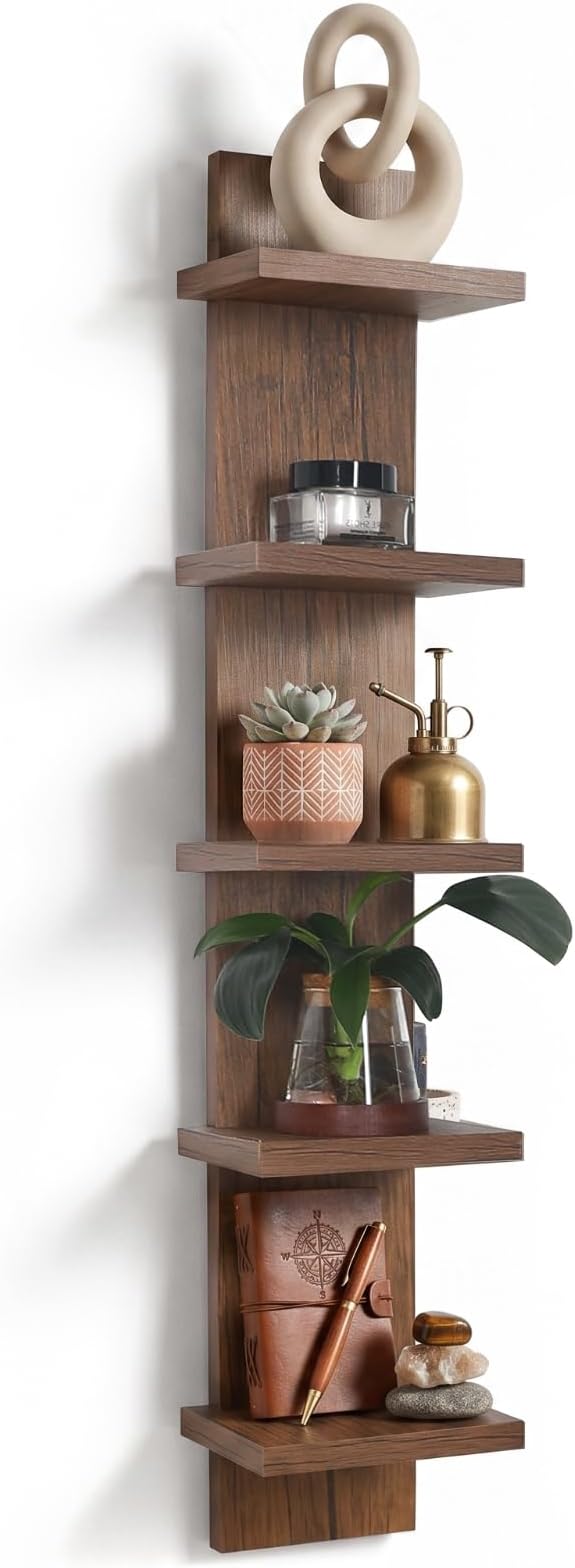 5 Tier Wall Shelf Unit, Decorative Wall Mount Vertical Shelving,Modern Floating Shelves for Bedrooms, Bathrooms,Entryway and Living Room (Rustic Brown)