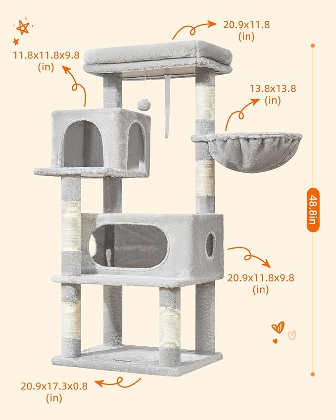Taoqimiao Cat Tree, 49In Cat Tower for Indoor Cats Large Adult | 2 Luxurious Cat Condos, Thick Padded Top Perch, Adjustable Hanging Baskets, 5 Scratching Sisal Posts, Light Gray MS029LW