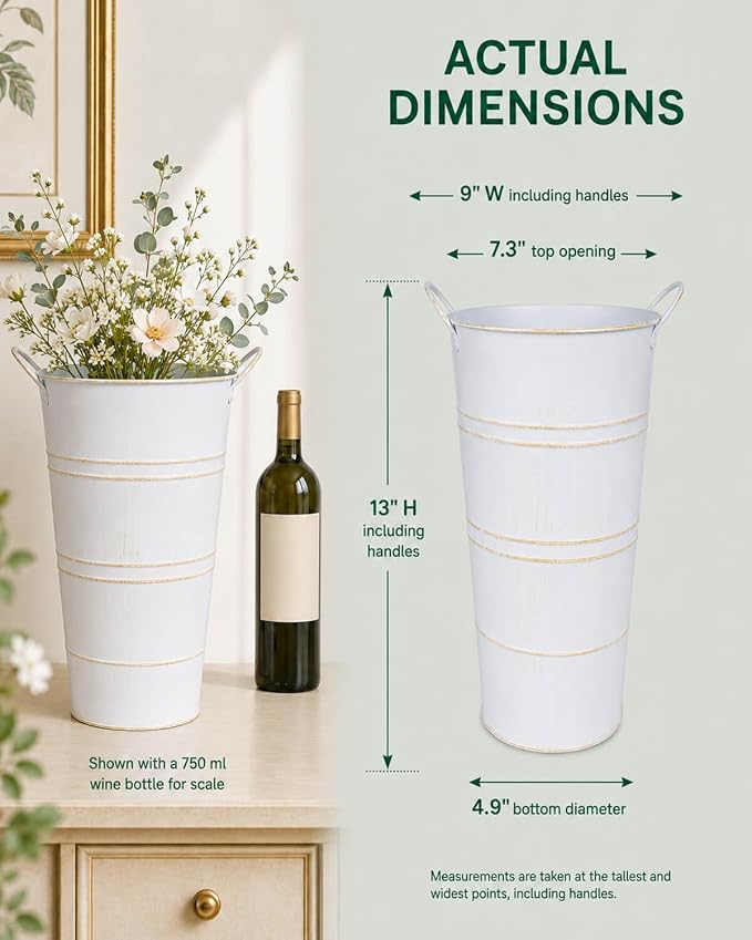 12 Inch Galvanized Metal Vase, 6 Pack Tall Flower Buckets with Handles | Galvanized metal flower buckets with handles, rustic tall vase design for dried flowers, weddings, farmhouse and home decor.