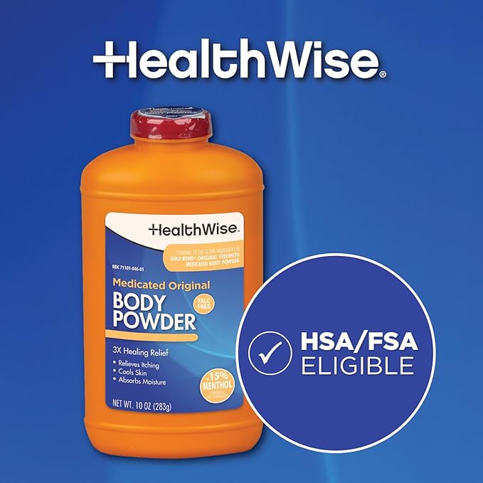 HealthWise Medicated Body Powder | .15% Menthol | Talc Free | Anti-Itch Healing Relief | Cools Skin | Absorbs Moisture | 10 oz (283g)
