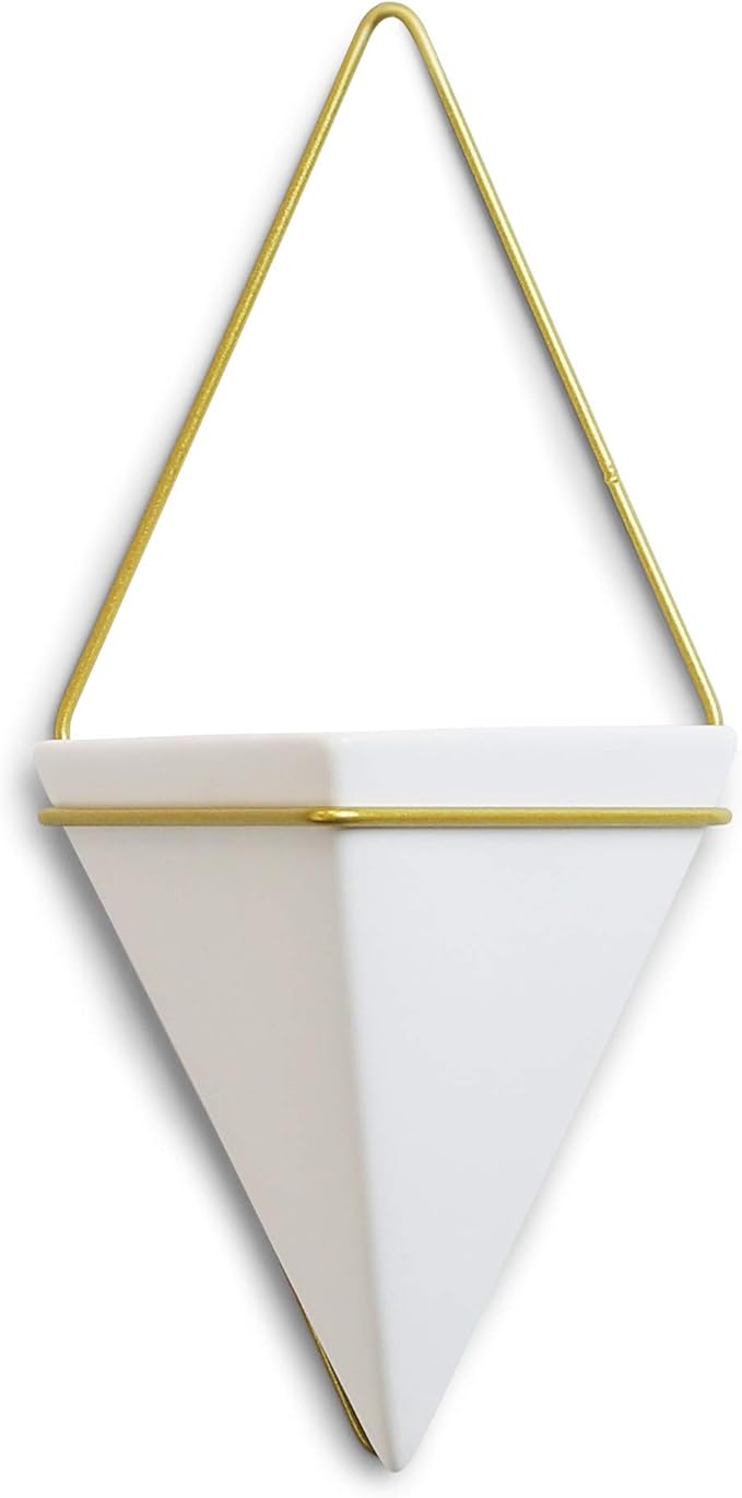 WGVI WGV Geometric Ceramic Vase, Width 6.6"x4", Height 7", White Hanging Wall Sconce Pot with Gold Metal Air Planter for Wedding Event Office Home Decor, 1 Piece