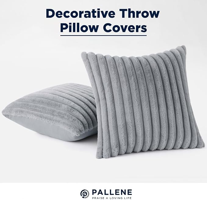 Pallene Faux Fur Decorative Throw Pillow Covers 16x16 Set of 2, Grey | Luxury Plush Texture, Striped Design, Cozy Soft Touch, Modern Home Accent Decor for Couch, Sofa, Bed, Living Room