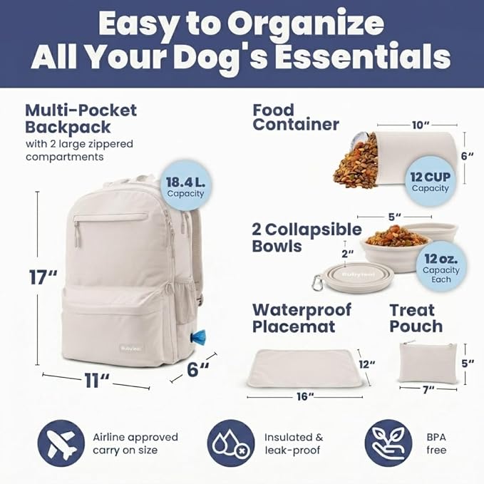 Rubyloo Dog Travel Backpack for Supplies - Dog Diaper Bag with Travel Bowls