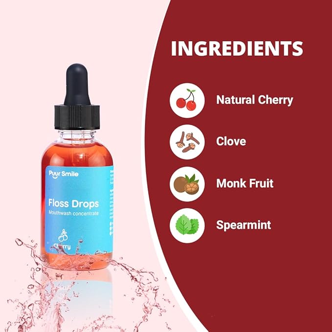 Puur Smile Concentrated Floss Drop Serum – 2oz Concentrated Mouth Wash to Use in Water Flosser | Natural Essentials Promotes Good Breath | Organic Drop Provides Good Oral Health (Cherry Flavor)