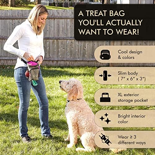 Multipurpose Pro Dog Treat Bag with Neoprene Split Top Dog Training Treat Pouch Bag with Shoulder Strap, Belt and Clip and Exterior Storage Pocket (Raspberry)