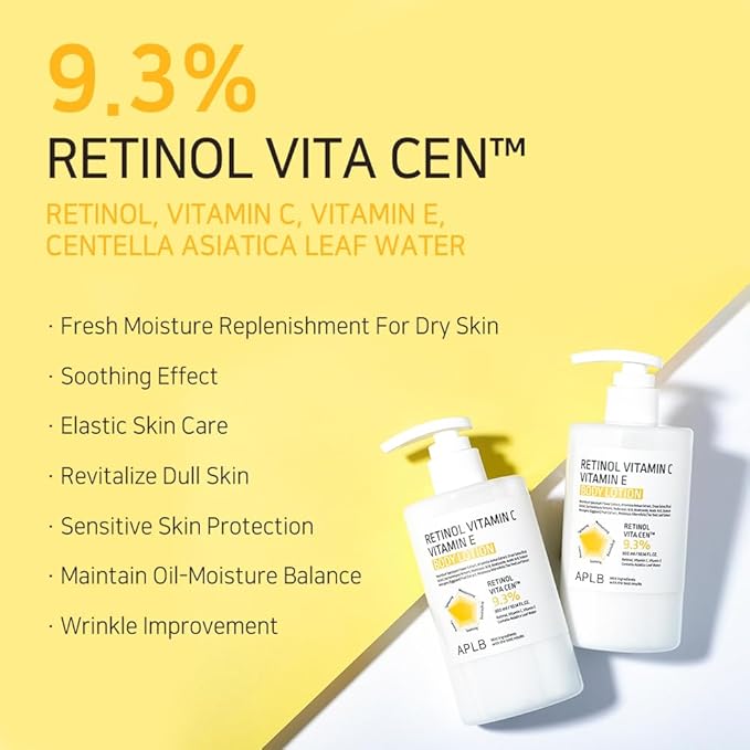 APLB Retinol Vitamin C Vitamin E Body Lotion | RETINOL VITA CEN™ 9.3% 10.14 FL.OZ/Korean Skincare, Long lasting hydration, Wrinkle Care, Revitalize for gentle and improve skin texture