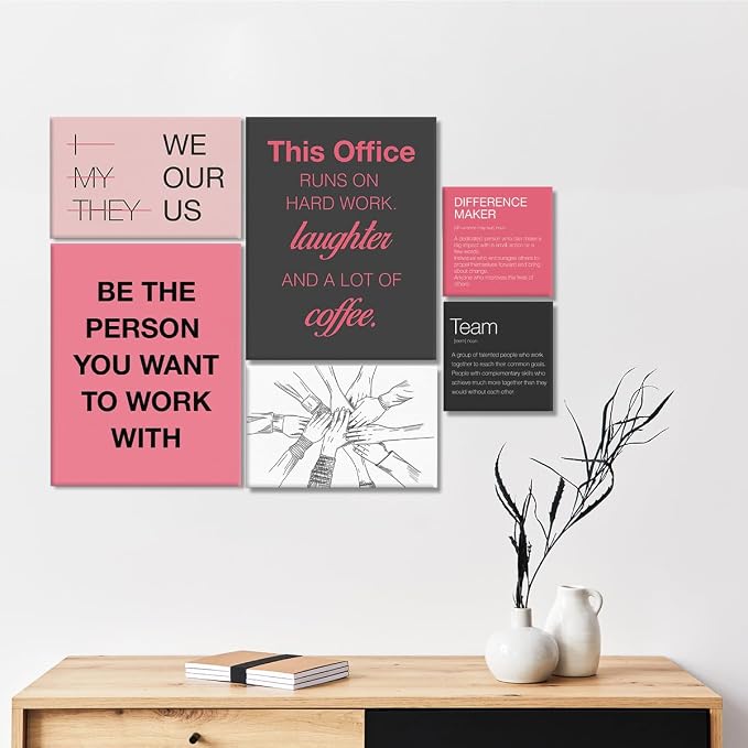 YEOION Motivational Office Wall Art,Inspirational Teamwork Wall Art for Office,Pink and Black Positive Teamwork Wall Decor for Women Set of 6