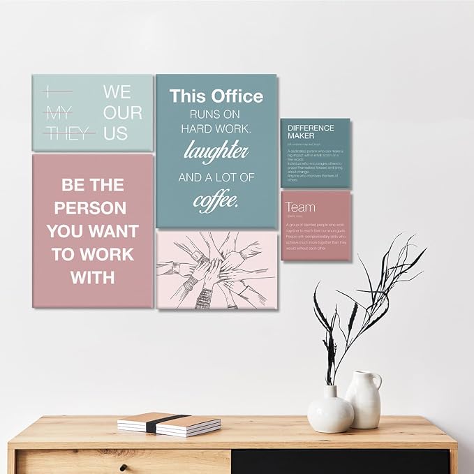 YEOION Motivational Office Wall Art,Inspirational Teamwork Wall Art for Office,Light Pink and Green Positive Teamwork Wall Decor for Women Set of 6
