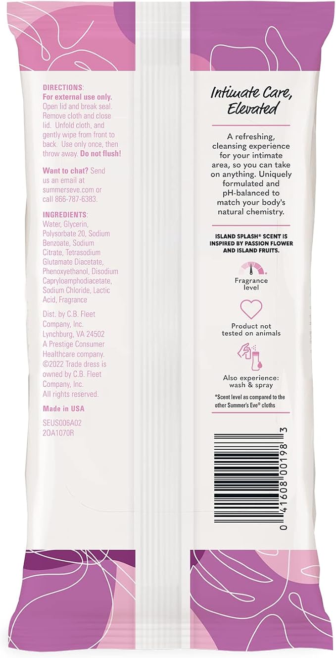 Summer's Eve Feminine Wipes, Island Splash, Vaginal Wipes, Feminine Care to Help Remove Vaginal Odor, Gynecologist Tested, 32 Wipes, Pack of 12