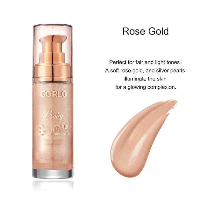2 Pack Corlo Body Shimmer Oil Liquid Illuminator Highlighter Waterproof Long Lasting Moisturizing Bronze Luminizer Glow For Face Body (Rose Gold, 2pcs)