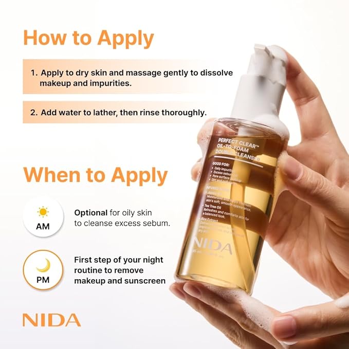 NIDA Perfect Clear™ Oil-To-Foam Double Cleanser | Jojoba Oil, Tea Tree Oil, Rice Extract | Good for Daily Impurities, Excess Sebum, Pore Cleaning, Blackheads, Dirt and Pollutants | 4.90 fl. oz., 145ml