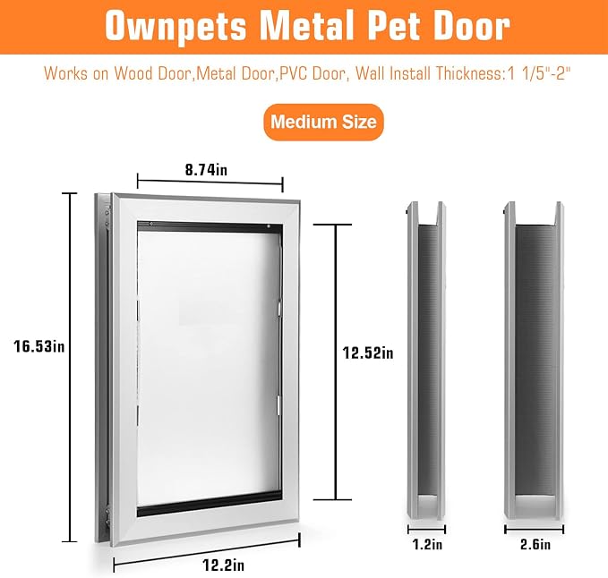 Ownpets Aluminum Dog Door for Medium Dogs, Lockable & Weatherproof | For Dogs Up to 40lbs, 12.2x16.5in Opening, Magnetic Seal Flap, Dual Security Locks, Rust-Proof Aluminum Sturdy Frame