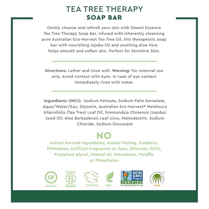 Desert Essence Tea Tree Therapy Cleansing Soap Bar - Botanically-Based with Sustainable Palm Oil, Eco-Harvest® Tea Tree, Jojoba Oil, Aloe – Safe for Sensitive Skin, Face & Body, Vegan, Cruelty-Free