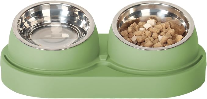 Cat Feeder and Water Dispenser, Cat Feeder with Stainless Steel Bowls, Pet Food Dispenser for Cats and Small Dogs, Easy to Clean(Green)