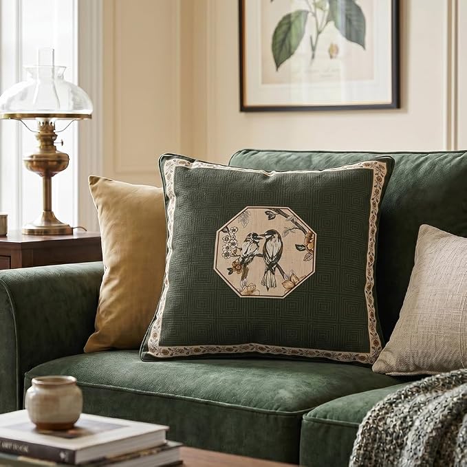 Vintage Elegant Linen Square Throw Pillow Cover,18"x18"-Murad E | Designer French Green Pillow Cover,Concealed Zipper Design,Floral and Bird Pattern,Sofa,Bedroom,Living Room,Lounge Chairs