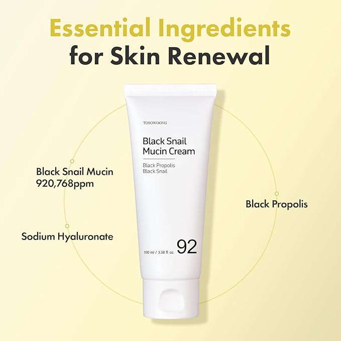 TOSOWOONG Black Snail Mucin 92% Face Cream, 920,768ppm Black Snail Mucin, Propolis, Lightweight Moisturing Cream for Soft, Glowy Skin, Moisturizer Face Cream, Korean Skin Care, 100ml, 3.38 fl.oz.