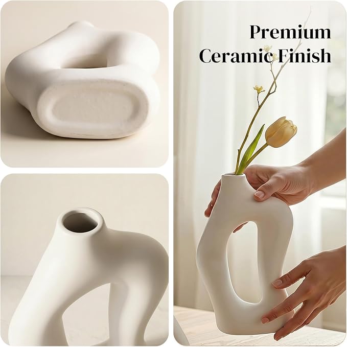 Dowan White Vases for Decor,Hollow Ceramic Vase Set of 2,8.3" Nordic Modern Boho ins Style Decorative Ceramic Aesthetic Flower Vase for Home Decor Modern Minimalist Table, Entryway Centerpieces