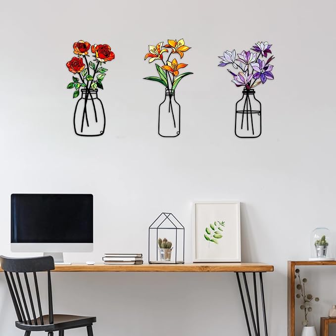3 Pcs Metal Flowers Wall Arts,Metal Vase Wall Art,Iron Art Painting,Rustic Farmhouse Decor Minimalist Flower Wall Decor for Bedroom Bathroom Living Room Dining Room (Set E)