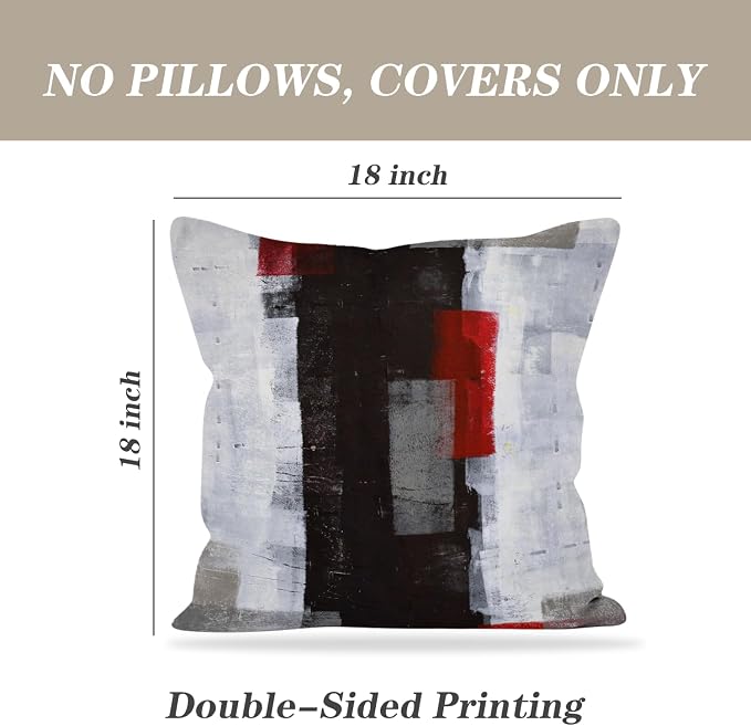 Red and Grey Abstract Art Pillow Cover, Modern Black White Wall Decorative Throw Pillows Cushion Cover for Bedroom Sofa Living Room 18 x 18 Inch Set of 2