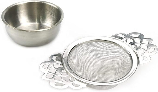 1 Set Silver Stainless Steel Tea Strainer with Drip Bowl, Mesh Loose Leaf Tea Infuser with Double Winged Handle