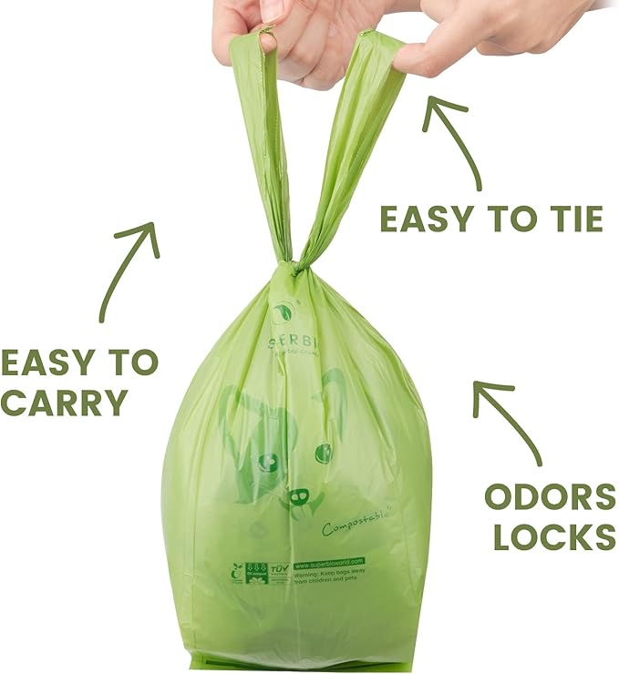 SUPERBIO Handle Tie Dog Poop Bags, 12 Rolls, 180 Bags | Strong, ASTM D6400, OK compost INDUSTRIAL