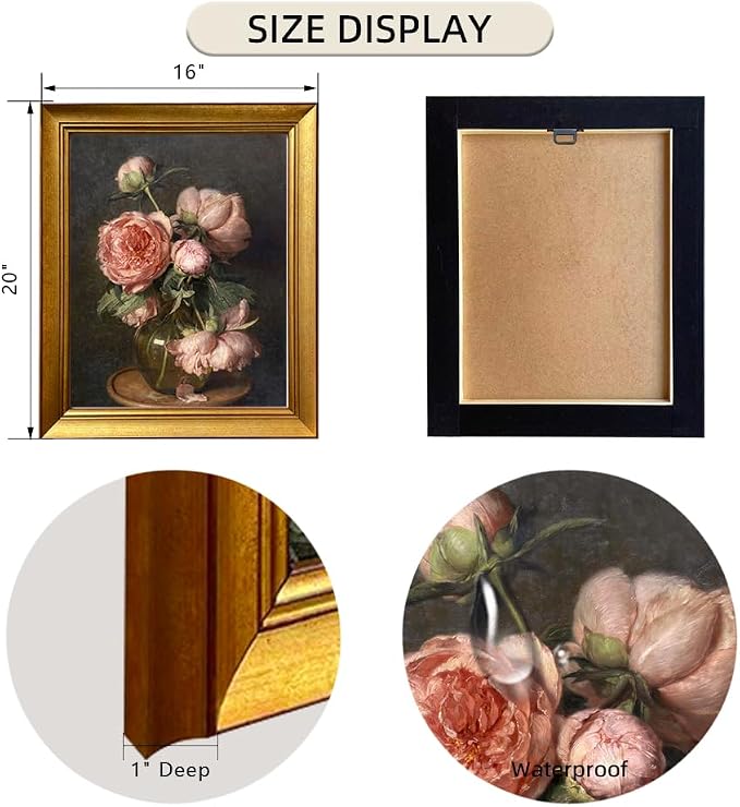 Gold Framed Pink Peonies Flower Oil Painting on Canvas Vintage Dark Floral Wall Art Farmhouse Picture Wall Decor Moody Canvas Print for Living Room Bedroom Bathroom Decor
