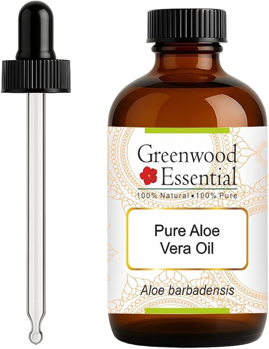 Greenwood Essential Aloe Vera Oil (Aloe barbadensis) with Glass Dropper | Infused | Pure | Non-Sticky | Lightweight | Hydrating Texture | For Skin & Hair | Men & Women | 120ml (4 oz)