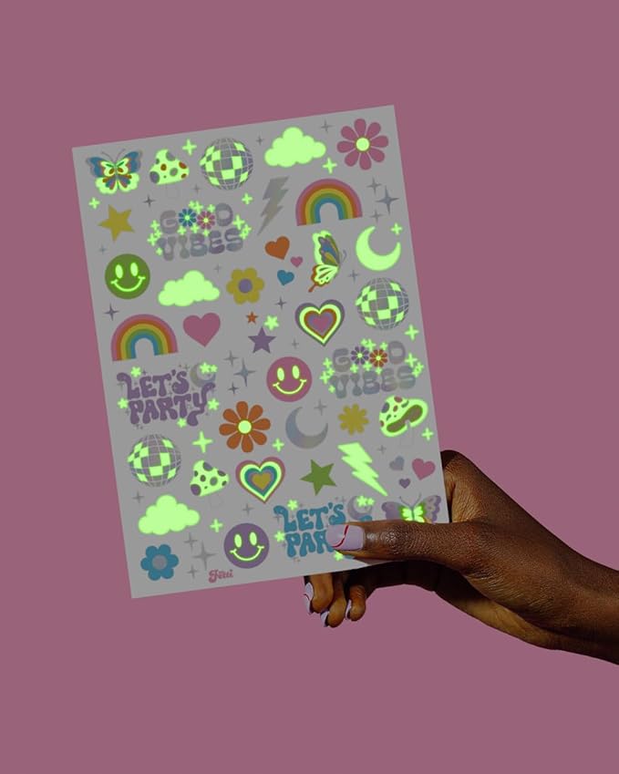xo, Fetti Groovy Disco Glow in Dark + Foil Temporary Tattoos - 82 pc | Flower Power Birthday Party Supplies, Rave Bachelorette Party Favors, Smiley Decorations, Y2K, Rainbow Arts and Crafts