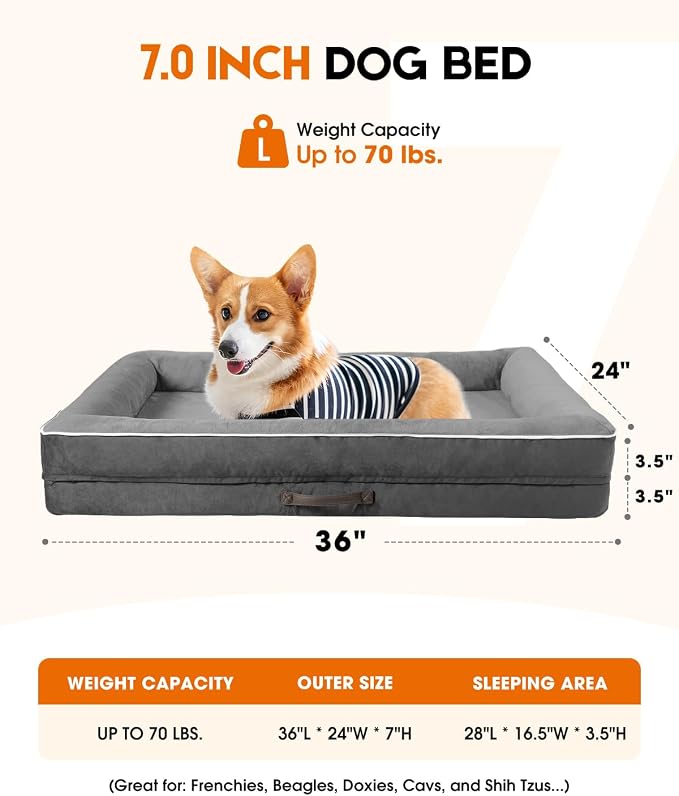 Upvilla Orthopedic Dog Bed, Four-Sided Medium Dog Sofa, Washable Cover Gray | Removable Waterproof Dog Bed Cover, Egg-Crate Orthopedic Foam, Built-In Carry Handle, Indoor Small Pet Beds, Cat Beds