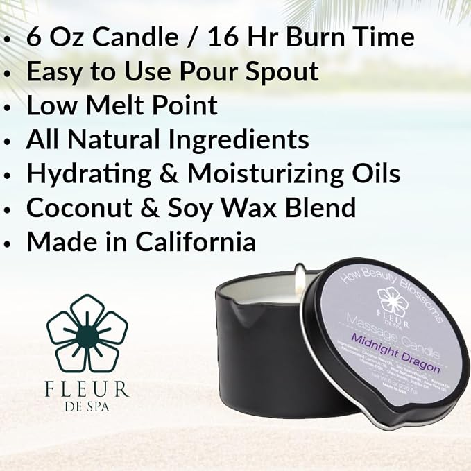 FLEUR DE SPA Massage Oil Candle – 6oz with Pour Spout – Made in USA – All Natural Coconut & Soy Blend – Melts to Warm, Alluring & Hydrating Body Oil – Perfect Spa & Gift Candle (Leather)