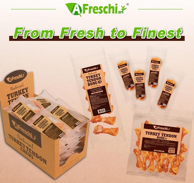 A Freschi srl Turkey Tendons for Dogs, USA-Sourced Human Grade, Rawhide-Free Long-Lasting Puppy Chews, All Natural Hypoallergenic Dog Treats for Small Breeds, Bone (S), 6 Count Pack