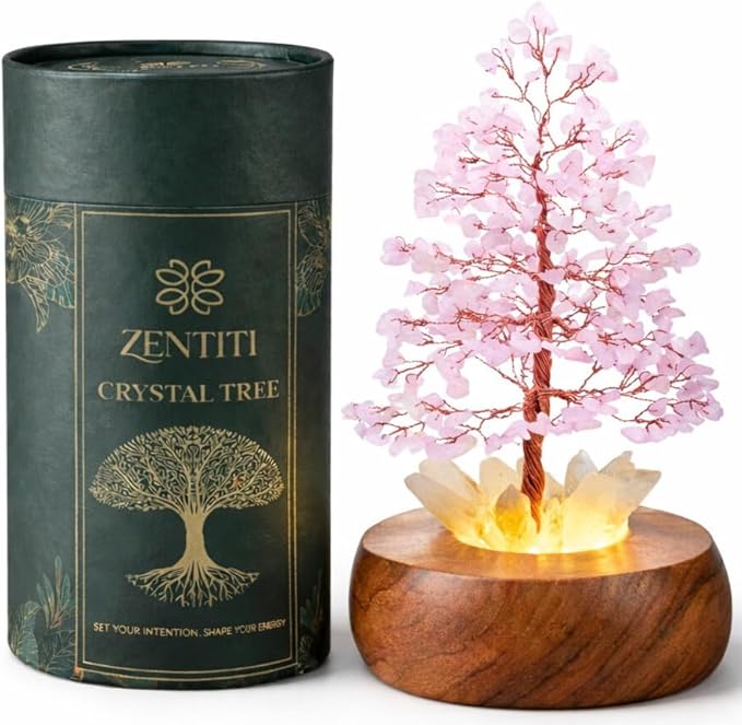 Rose Crystal Tree of Life with LED Light – Handcrafted Gemstone Bonsai on Quartz Base & Acacia Wood Stand – Spiritual Home & Office Décor, Feng Shui, Thoughtful Gift for Women