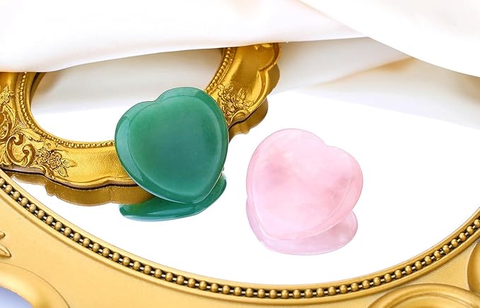 QINJIEJIE 2PCS Heart Crystal Thumb Worry Stone for Anxiety Rose Quartz Green Aventurine Crystals Palm Polished Gemstone Pocket Massage Heart Gem Anxiety Relief Item Meditation Gift for Women