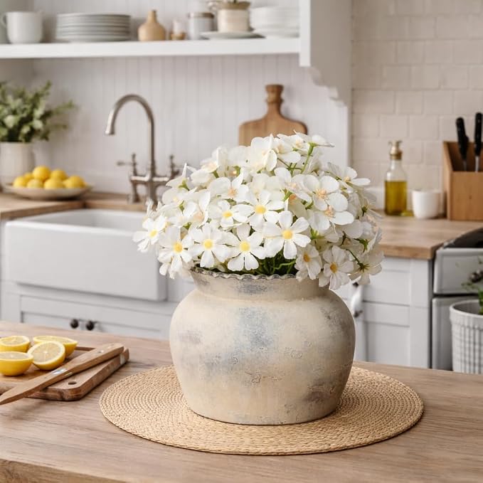 SIDUCAL Ceramic Flower Vase with Wide Mouth Lace, 5.1 Inch Pottery Rustic Farmhouse Boho Vases, Small Terracotta Vase for Home Decor, Table, Living Room, Bathroom, Shelf, Wedding, Terra