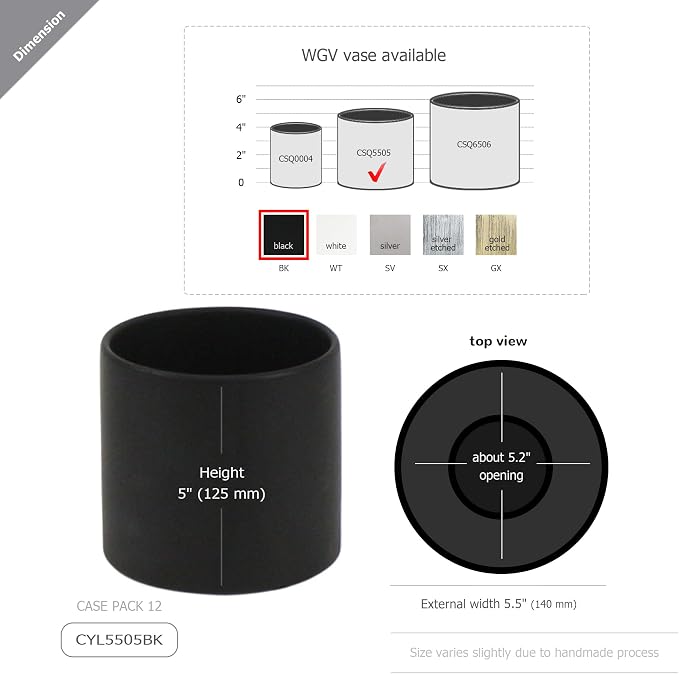 WGVI Matte Black Ceramic Cylinder Vase Width 5.5" Height 5", Flower Arrangements, Candle Holder, Terrarium Planter Pot, Storage Container Organizer, Pen Brush Holder, Tabletop Decor, Bulk, 12 Pcs