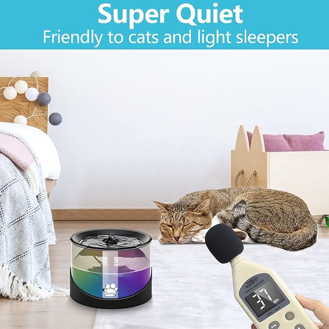 Kastty Cat Water Fountain, Pet Water Fountain for Cats Indoor, Cat Water Dispenser 2.2L/74oz, Super Quiet, Long Life Span Pump, Black+Colorful LED Light