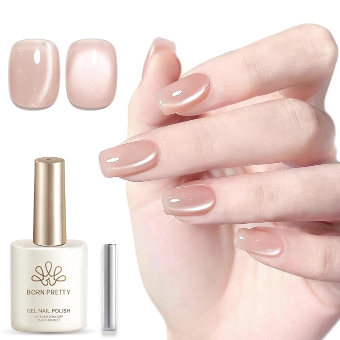 Born Pretty Glassy Nude Cat Magnetic Eye Gel Nail Polish,Glitter Nude Light Pink Jelly Translucent Magnetic Gel Polish,Soak Off U V Gels Nail Art Design Salon DIY Home 15ML
