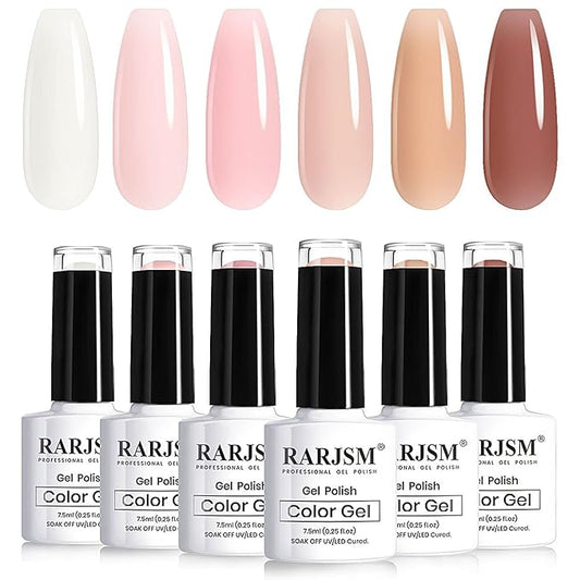 RARJSM Nude Sheer Jelly Pink Gel Nail Polish Set of 6 Transparent Colors LED UV Gel Soak Off Clear Taffy Brown Milky White French Manicure Nail Gelpolish Varnish Curing Requires 7.5ml for Home Salon