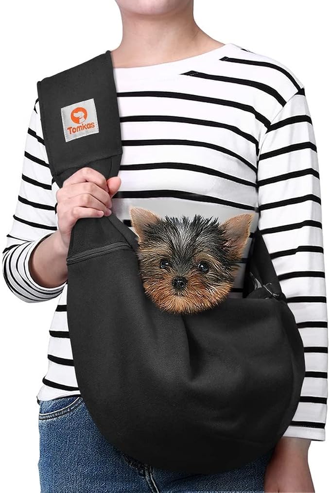 Tomkas Small Dog Cat Sling Carrier Puppy Purse Travel Wrap Soft Crossbody Pet Bag (Black, M - Zip Pocket & Adjust Strap)