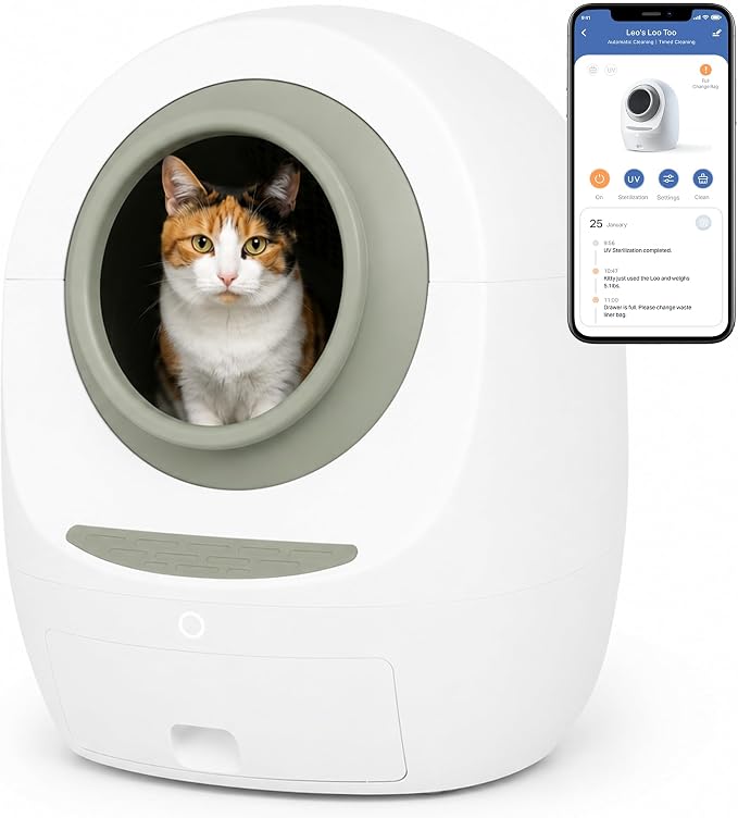 Casa Leo Automatic Self-Cleaning Cat Litter Box | with Leo’s Loo Too Wi-Fi App & Voice Control, App Weight Tracking, UV Odor Control, Safety Sensors, 30dB Quiet