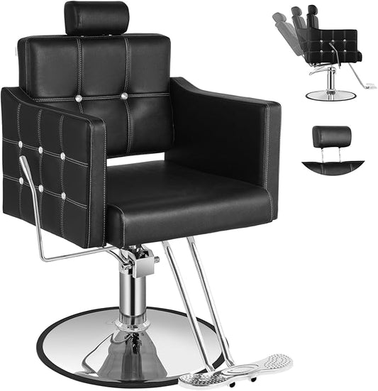Black Reclining Salon Chair for Hair Stylist, Heavy Duty Barber Salon Chair, Hair Chairs 360° Swivel, Adjustable Height, Ergonomic Reclining Stylist Chairs for Beauty Salon